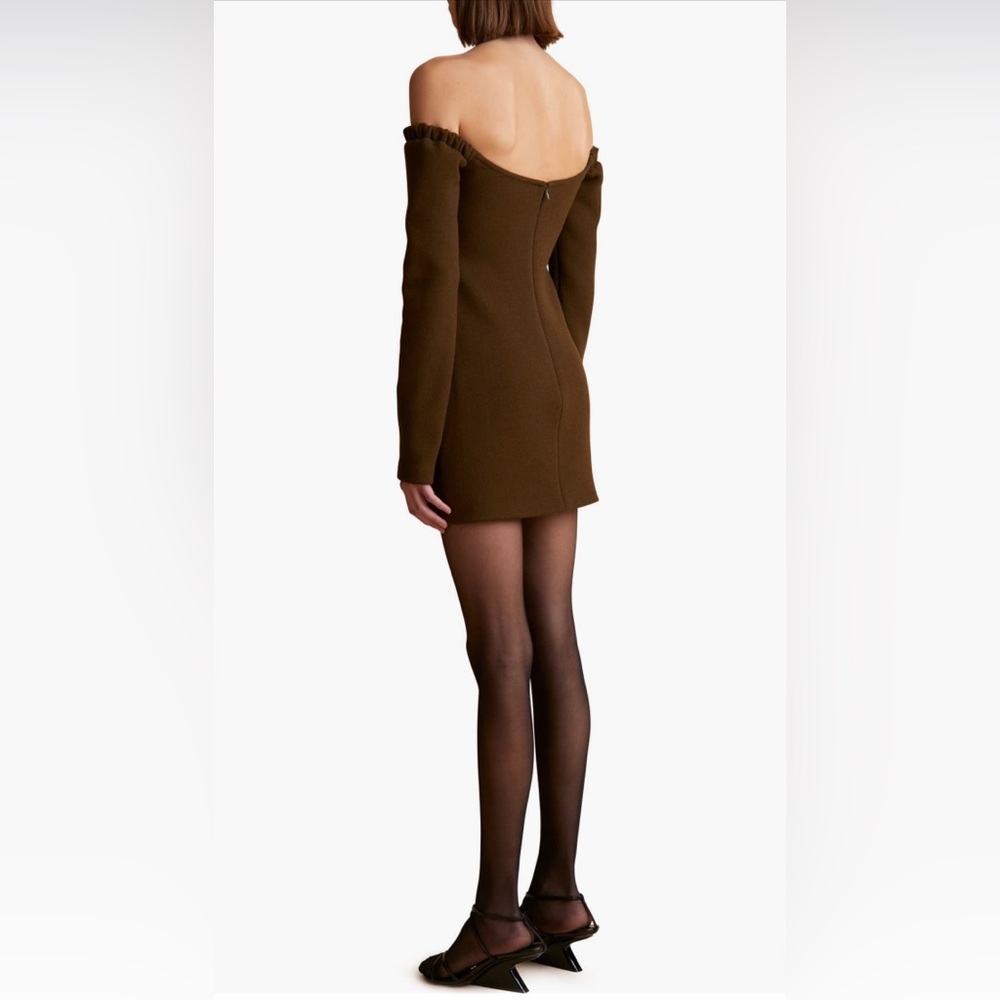 KHAITE Off-Shoulder Long Sleeve Mini Dress in Brown - Picture 2 of 8